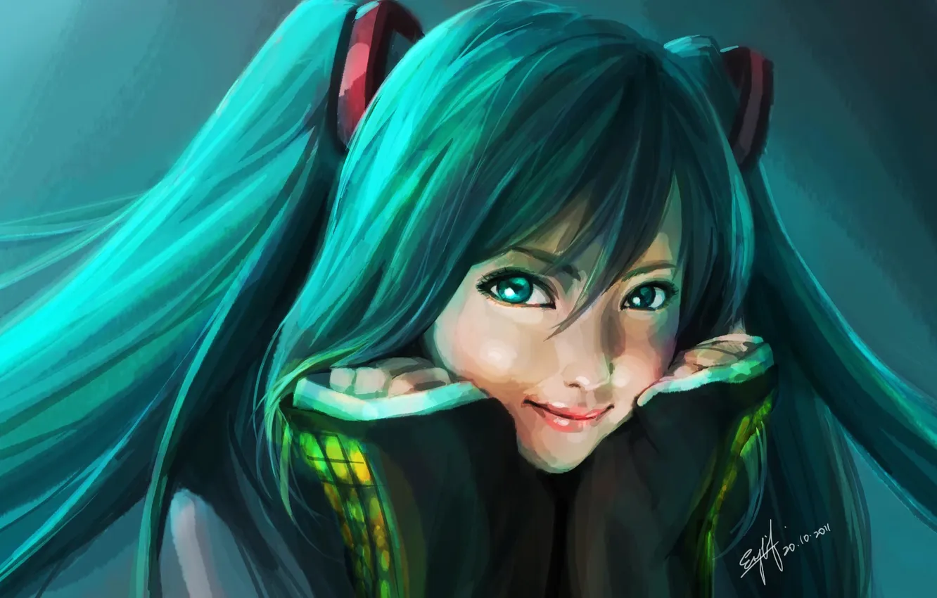 Photo wallpaper girl, face, hands, art, vocaloid, hatsune miku