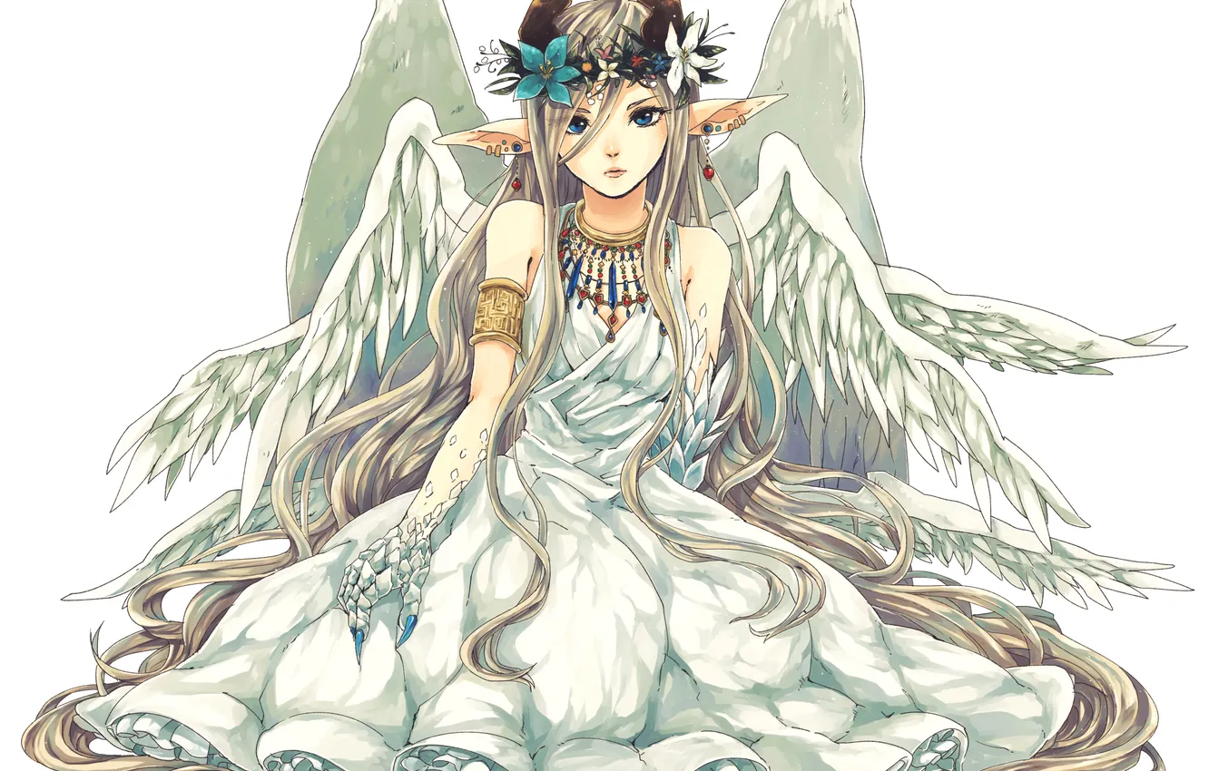 Photo wallpaper girl, flowers, elf, wings, anime, art, horns, wreath