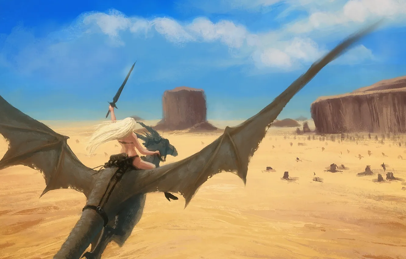 Photo wallpaper sand, girl, flight, desert, dragon, sword, art