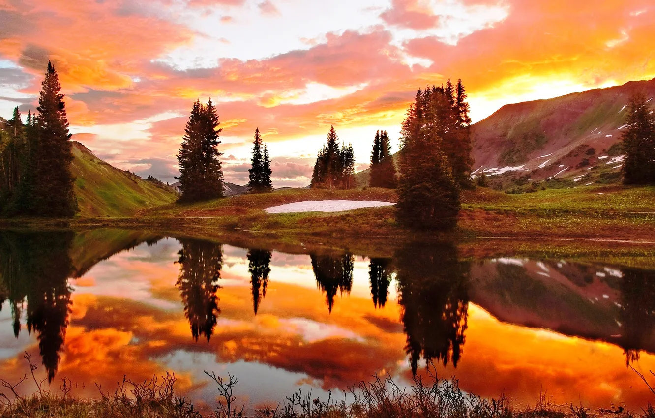 Photo wallpaper the sky, clouds, trees, sunset, mountains, lake