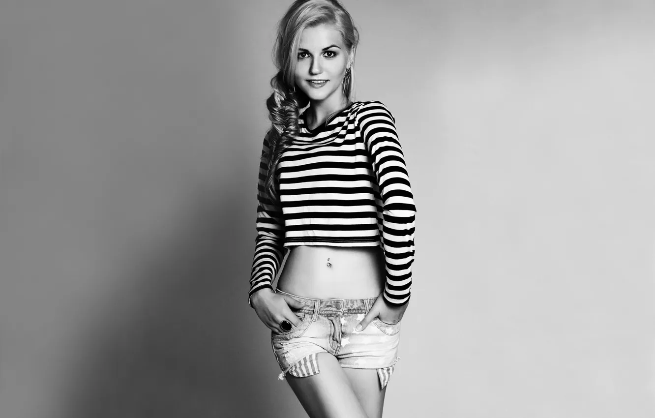 Photo wallpaper look, girl, smile, girl, denim shorts, striped shirt