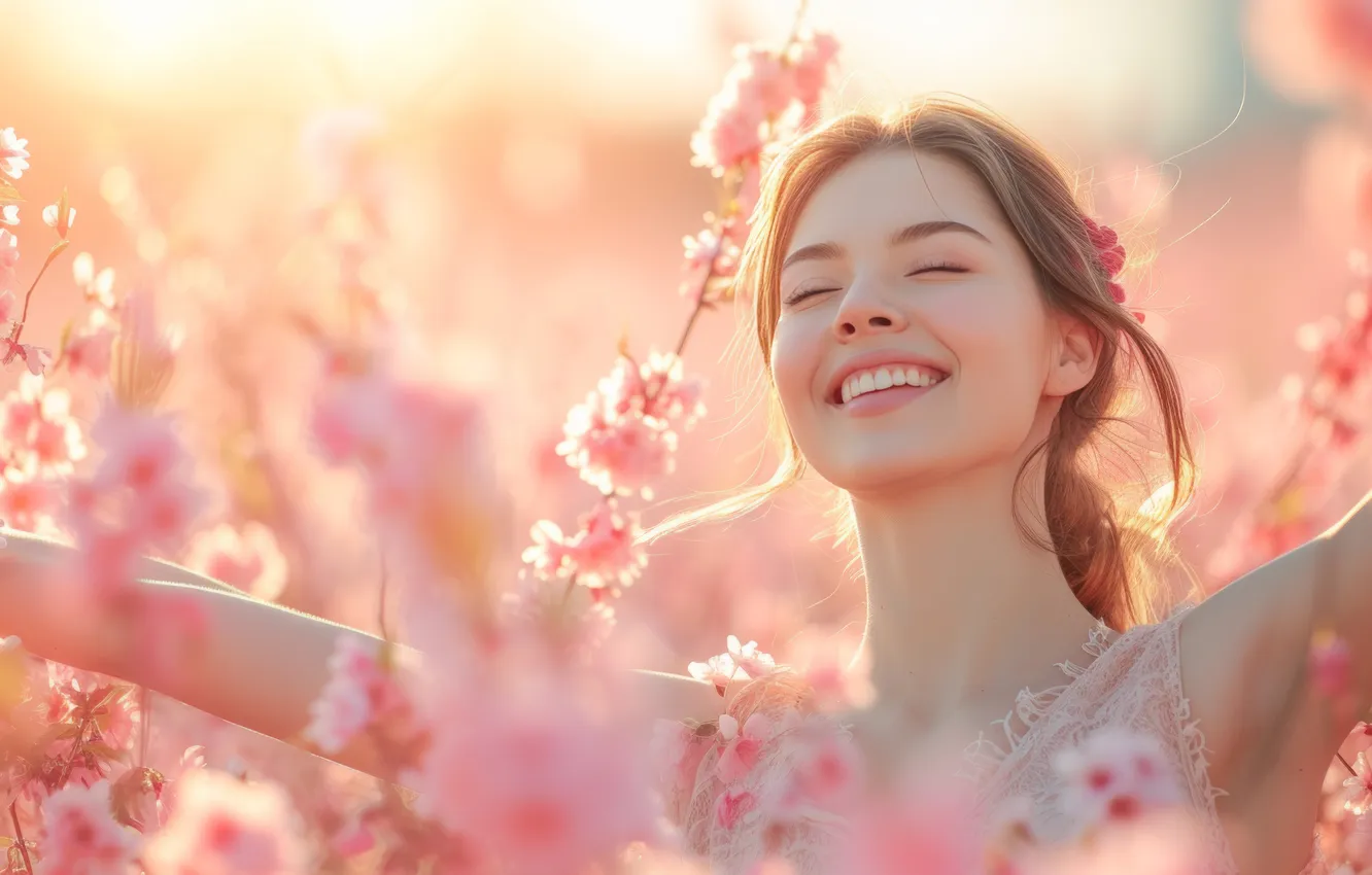 Photo wallpaper girl, light, joy, flowers, branches, face, cherry, smile