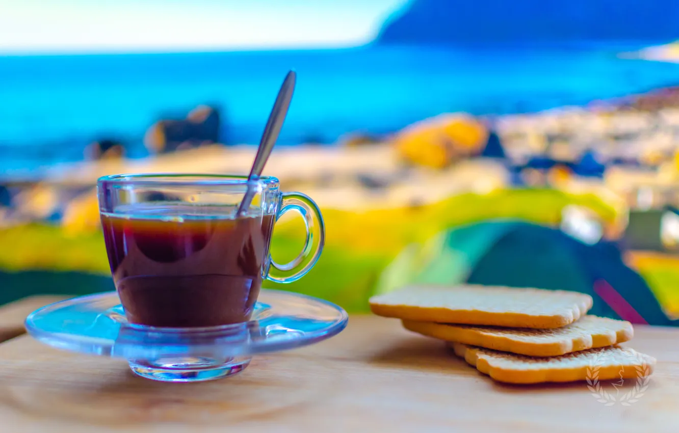 Photo wallpaper sea, mountains, nature, coffee, cookies, spoon, Cup