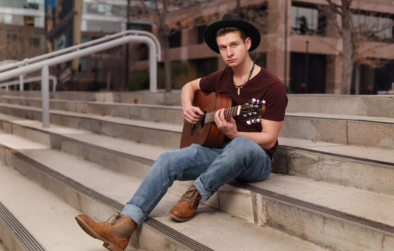 Photo wallpaper guitar, hat, ladder, stage, guy
