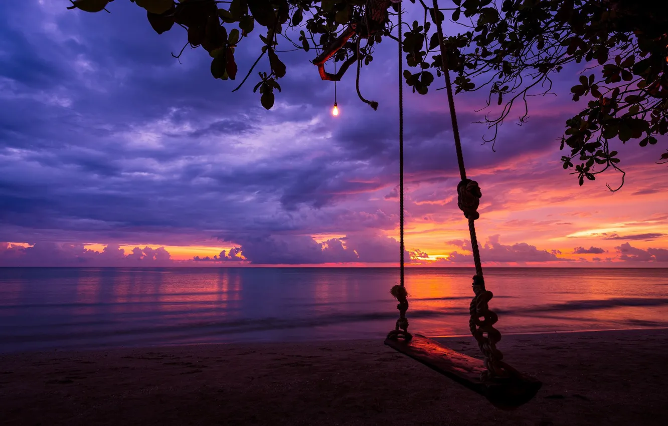 Photo wallpaper sea, the sky, water, sunset, swing, shore