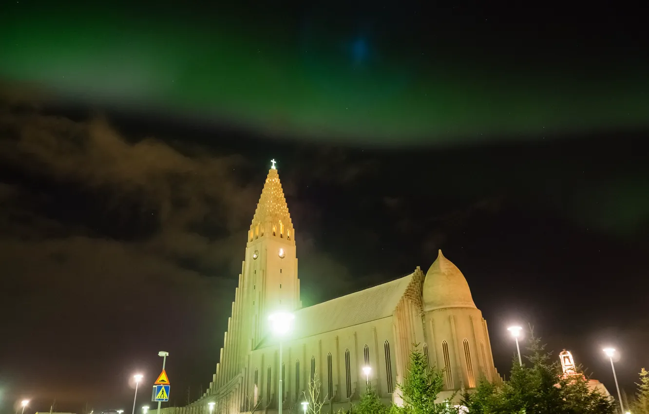 Photo wallpaper night, lights, Northern lights, Church, Iceland, Reykjavik