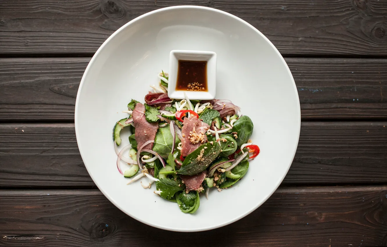 Photo wallpaper greens, meat, salad, soy sauce
