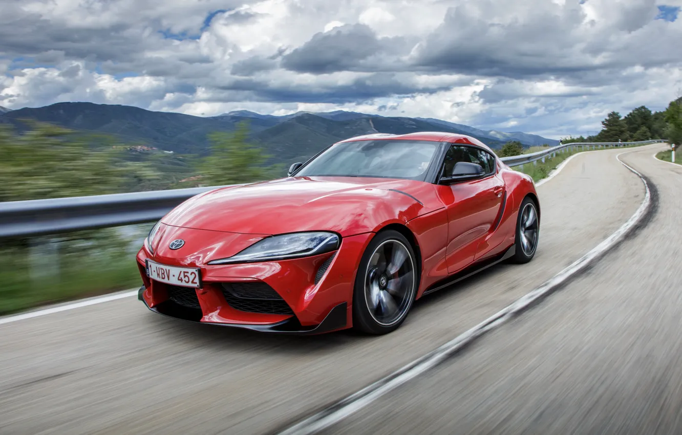 Photo wallpaper coupe, Toyota, Supra, mountain road, the fifth generation, mk5, double, 2019