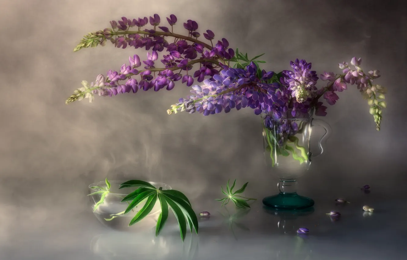Photo wallpaper flowers, glass, bouquet, lilac, lupins