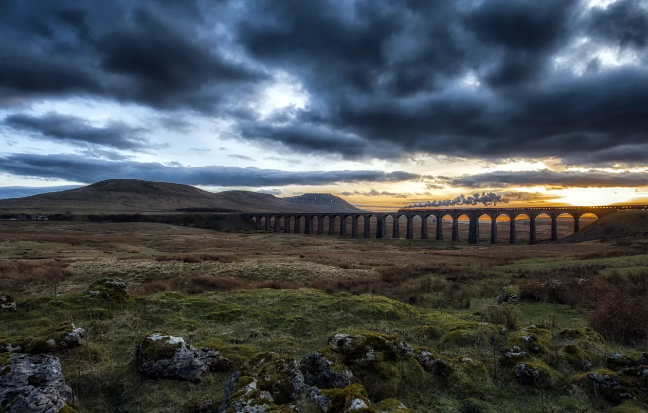 Photo wallpaper bridge, train, England, United Kingdom, Chapel le Dale