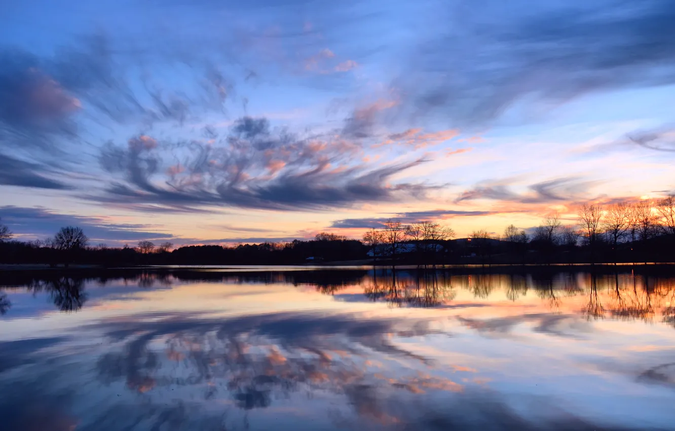 Photo wallpaper the sky, water, clouds, trees, sunset, orange, surface, reflection