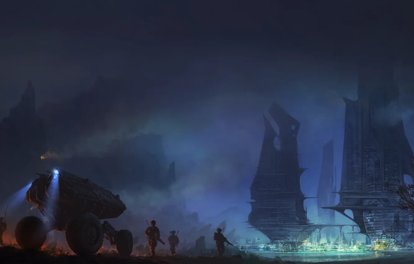 Photo wallpaper night, the city, lights, future, large, soldiers, soldiers, night