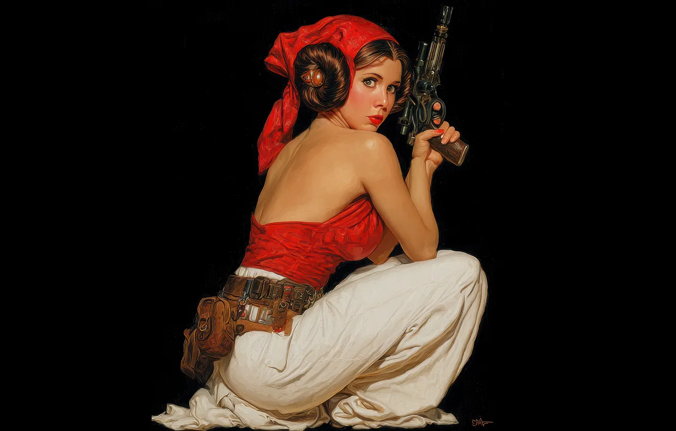 Photo wallpaper gun, women, Illustration, girls with guns, bare shoulders, Leia Organa, looking at viewer, pinup models