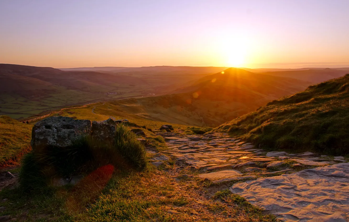 Photo wallpaper landscape, sunset, mountains, nature