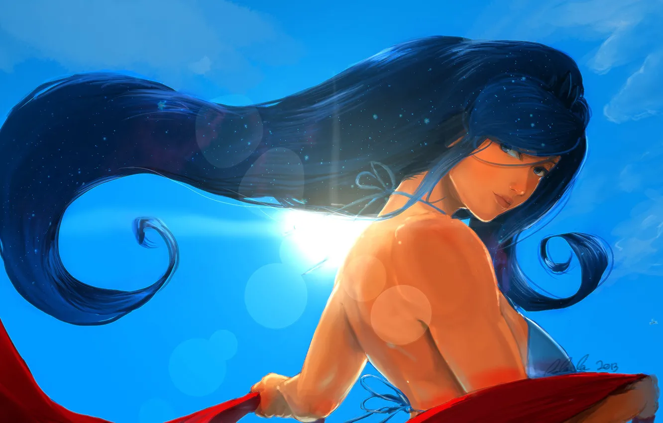 Photo wallpaper swimsuit, the sky, eyes, look, girl, rays, back, art
