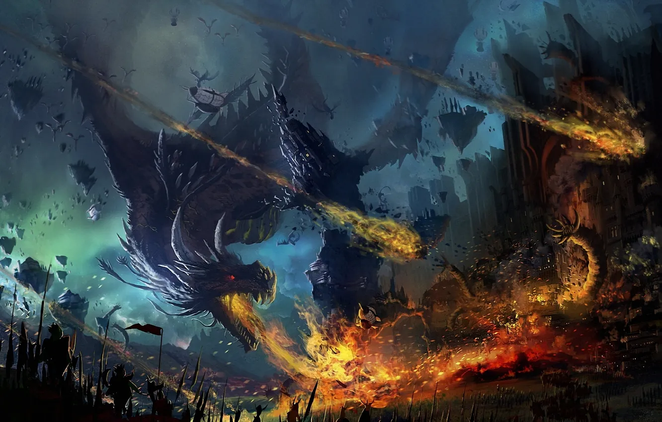 Photo wallpaper the wreckage, castle, fire, dragons, army, art, battle, the worm