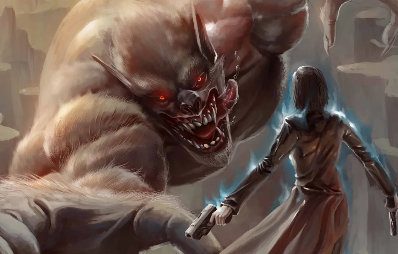 Photo wallpaper energy, girl, gun, weapons, magic, monster, art, mouth