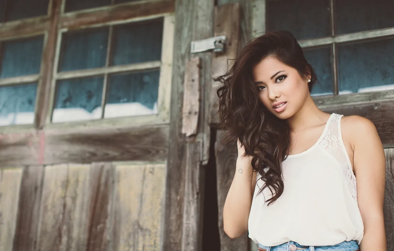 Photo wallpaper eyes, jeans, Mike, brunette, tattoo, Asian