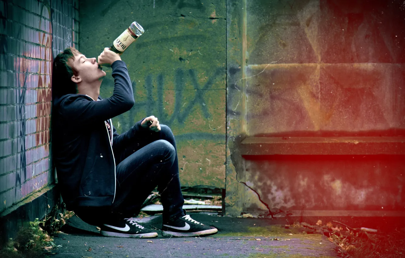 Photo wallpaper BOTTLE, JEANS, SNEAKERS, The SITUATION, GUY, JACKET, BOOZE