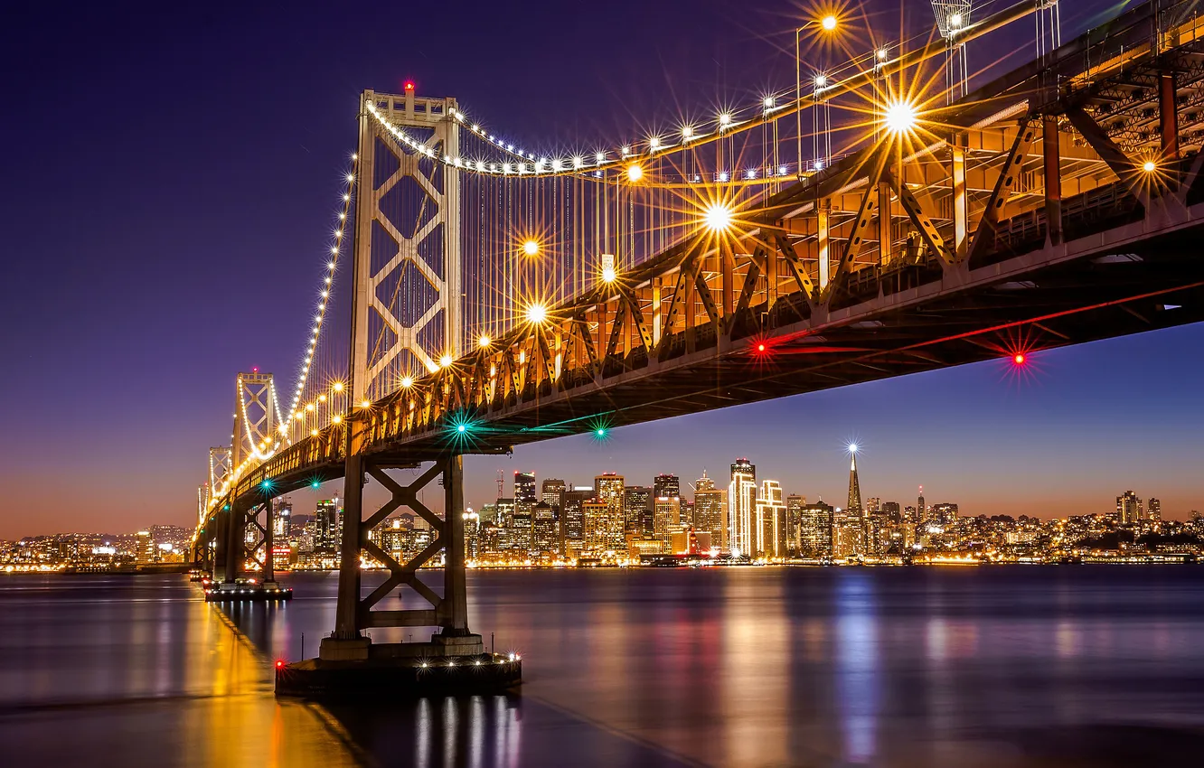 Photo wallpaper night, the city, lights, Strait, the evening, backlight, Bay, San Francisco