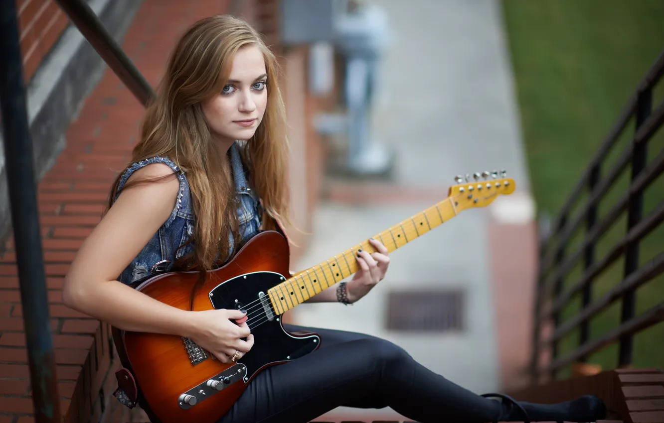 Photo wallpaper look, girl, hair, guitar, bokeh