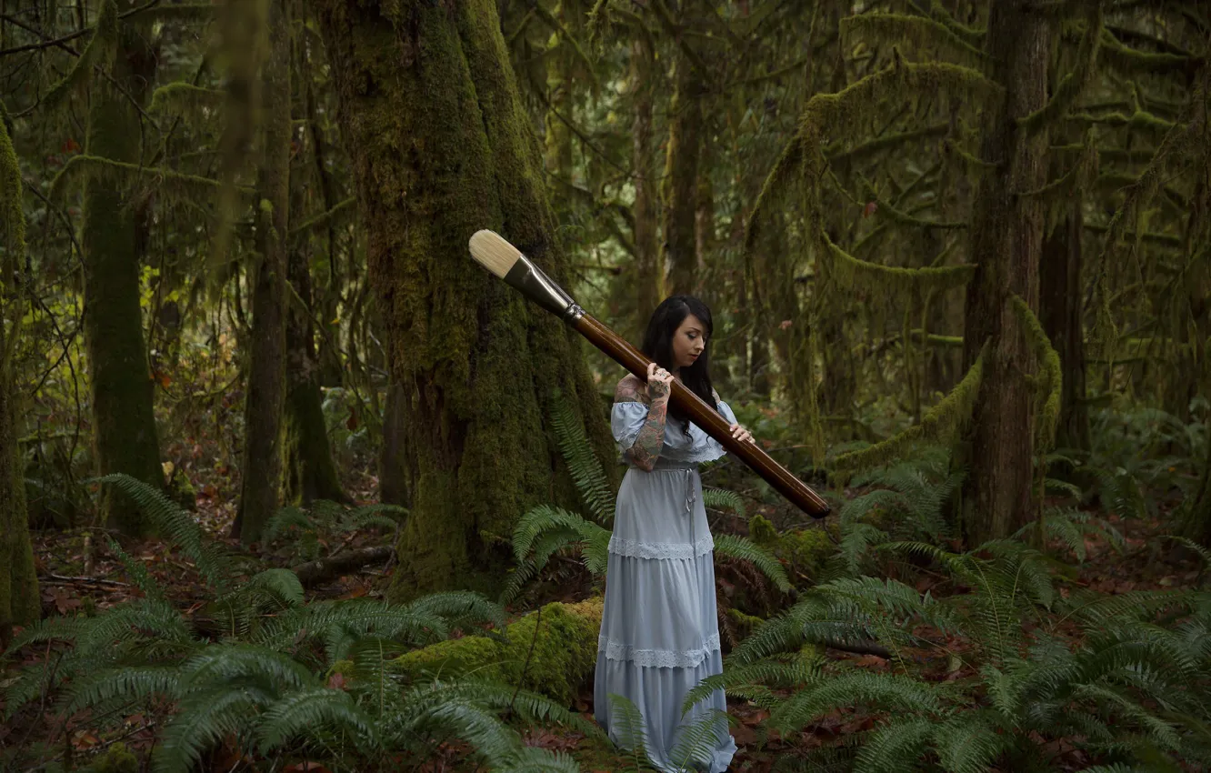 Photo wallpaper forest, girl, tattoo, brush, Lichon
