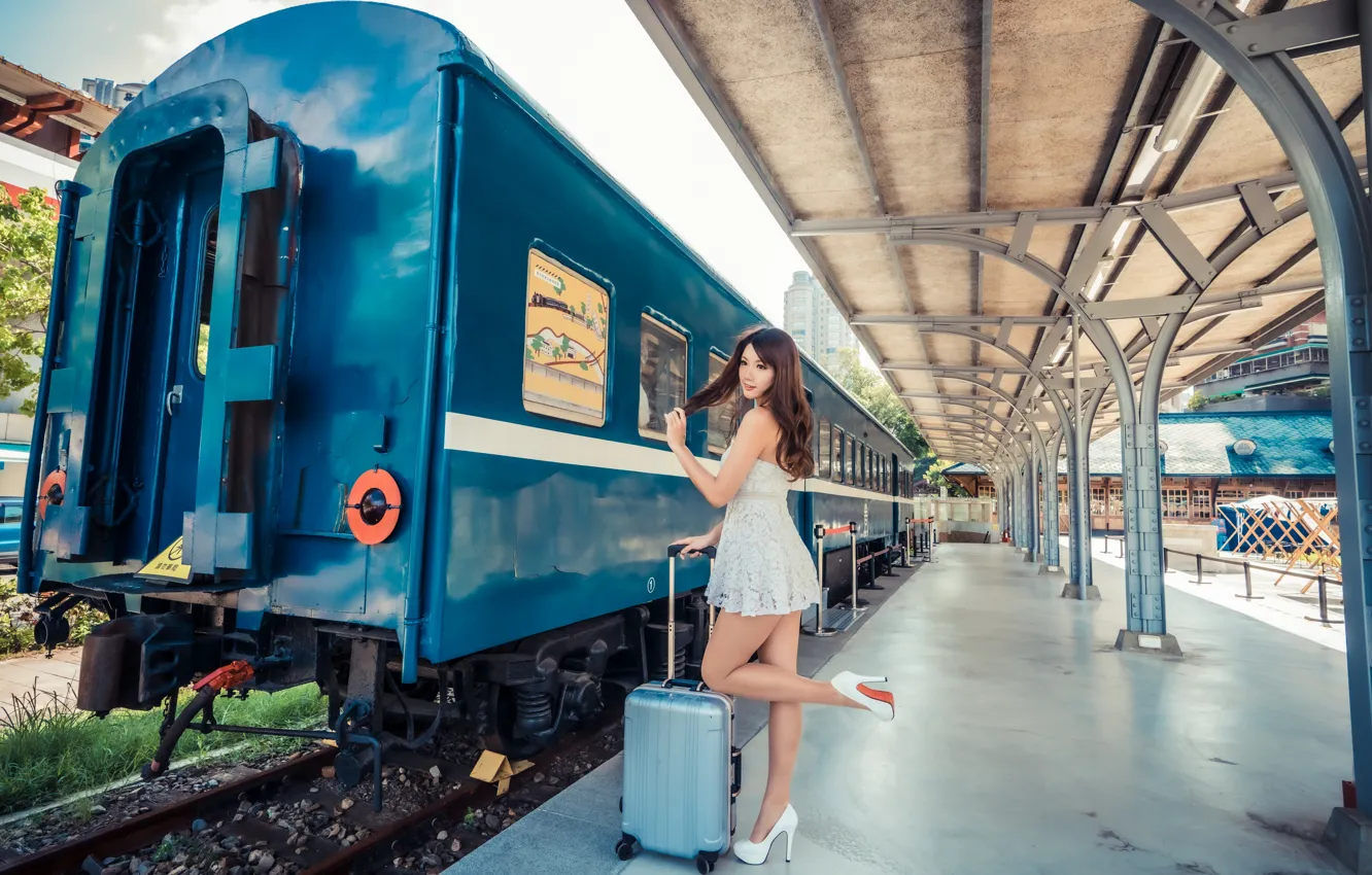 Photo wallpaper girl, train, station