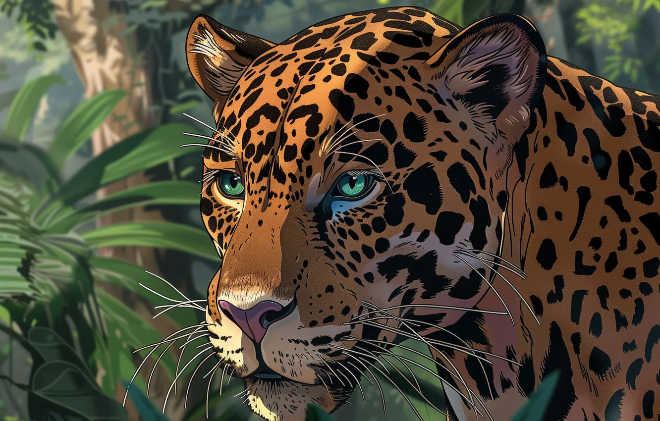Photo wallpaper look, face, predator, Jaguar, big cat, digital art, Vibrissae, imitation painting