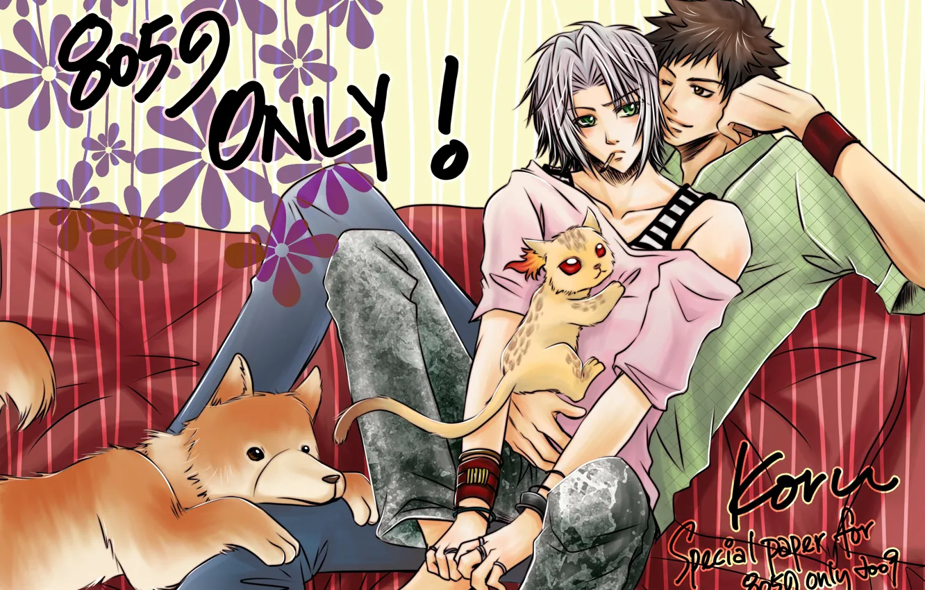 Photo wallpaper cat, flowers, dog, Katekyo Hitman Reborn, Teacher mafia Reborn, Gokudera Hayato, Yamamoto Takeshi