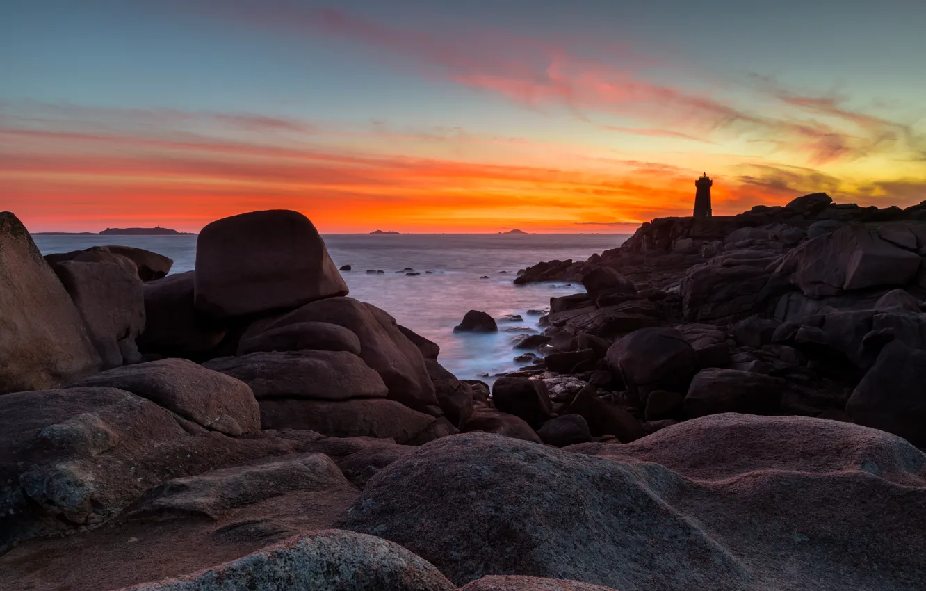 Photo wallpaper sea, sunset, stones, shore, lighthouse