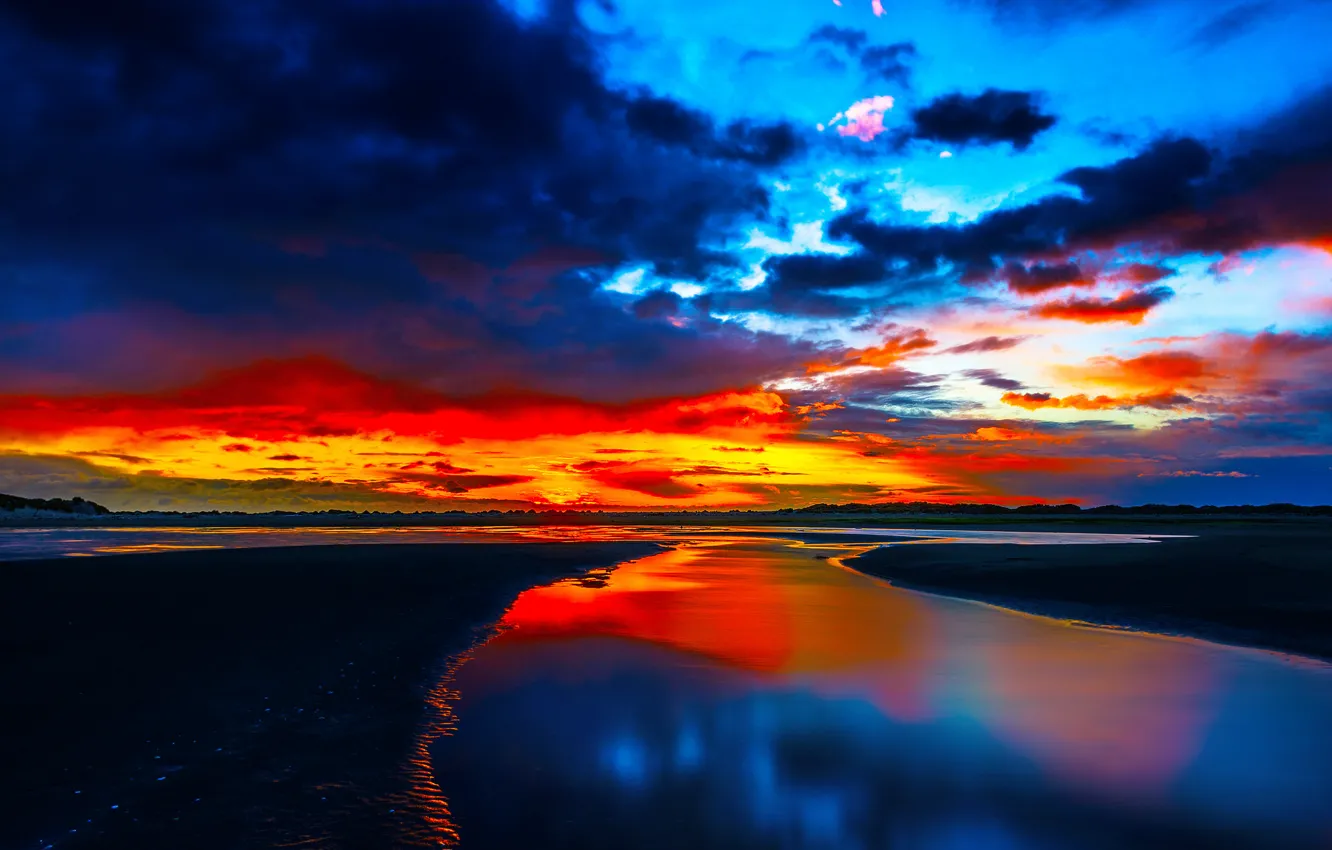 Photo wallpaper sea, the sky, clouds, sunset, shore, tide, glow