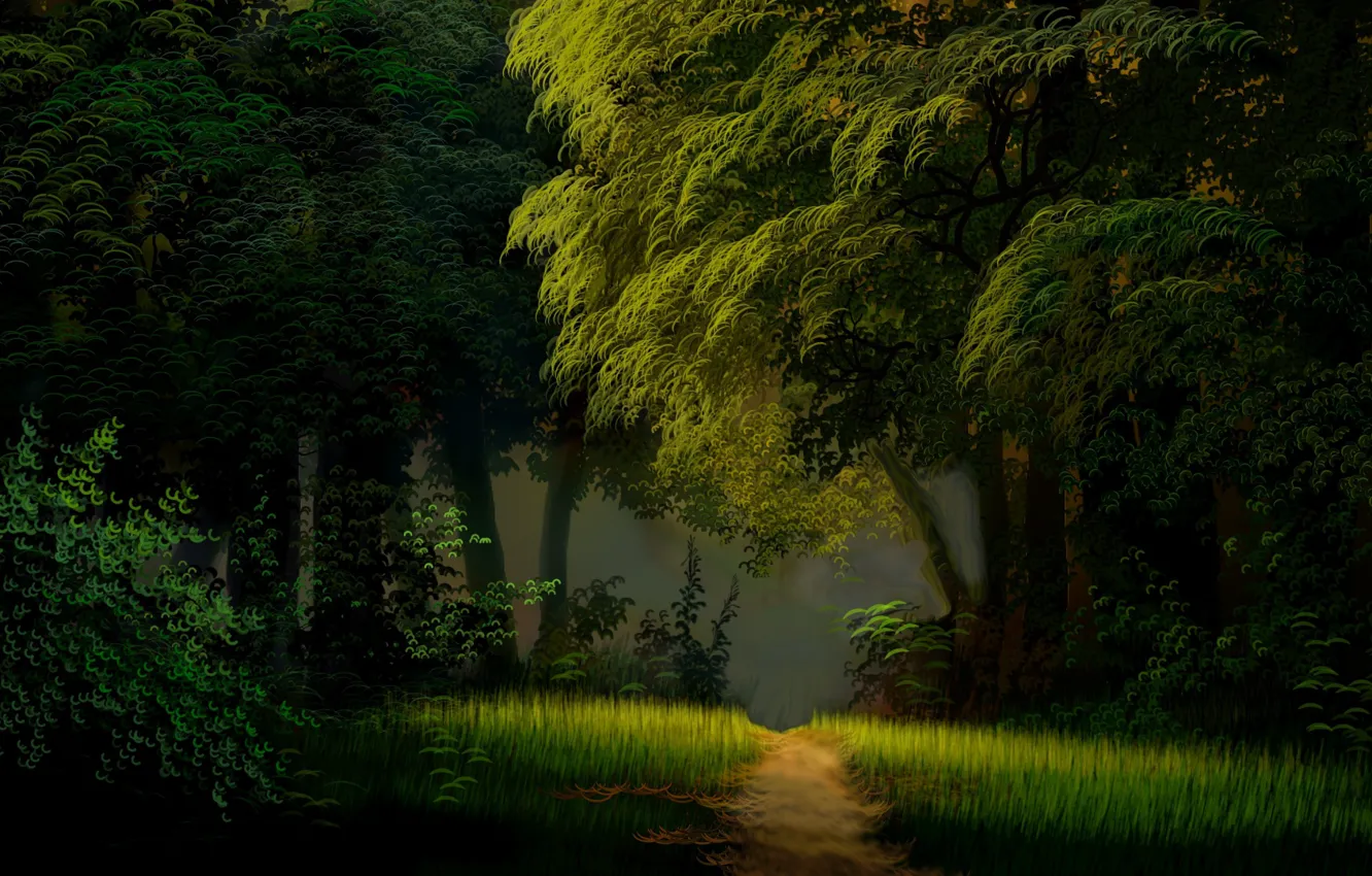 Photo wallpaper summer, grass, trees, glade, foliage, shadow, the edge of the forest, fog in the morning