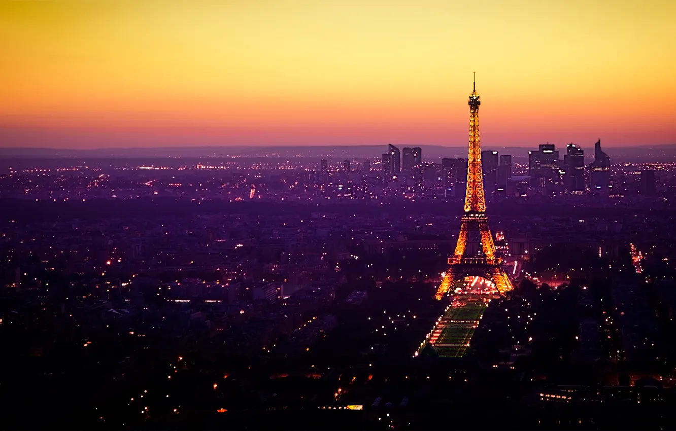 Photo wallpaper lights, France, Paris, Eiffel tower, twilight