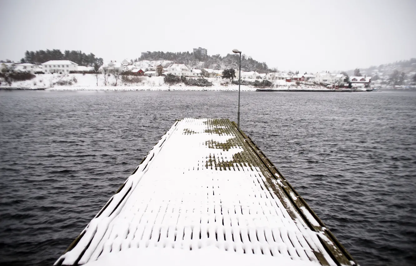 Photo wallpaper winter, lake, village, pier, wind, snowing, lamp post