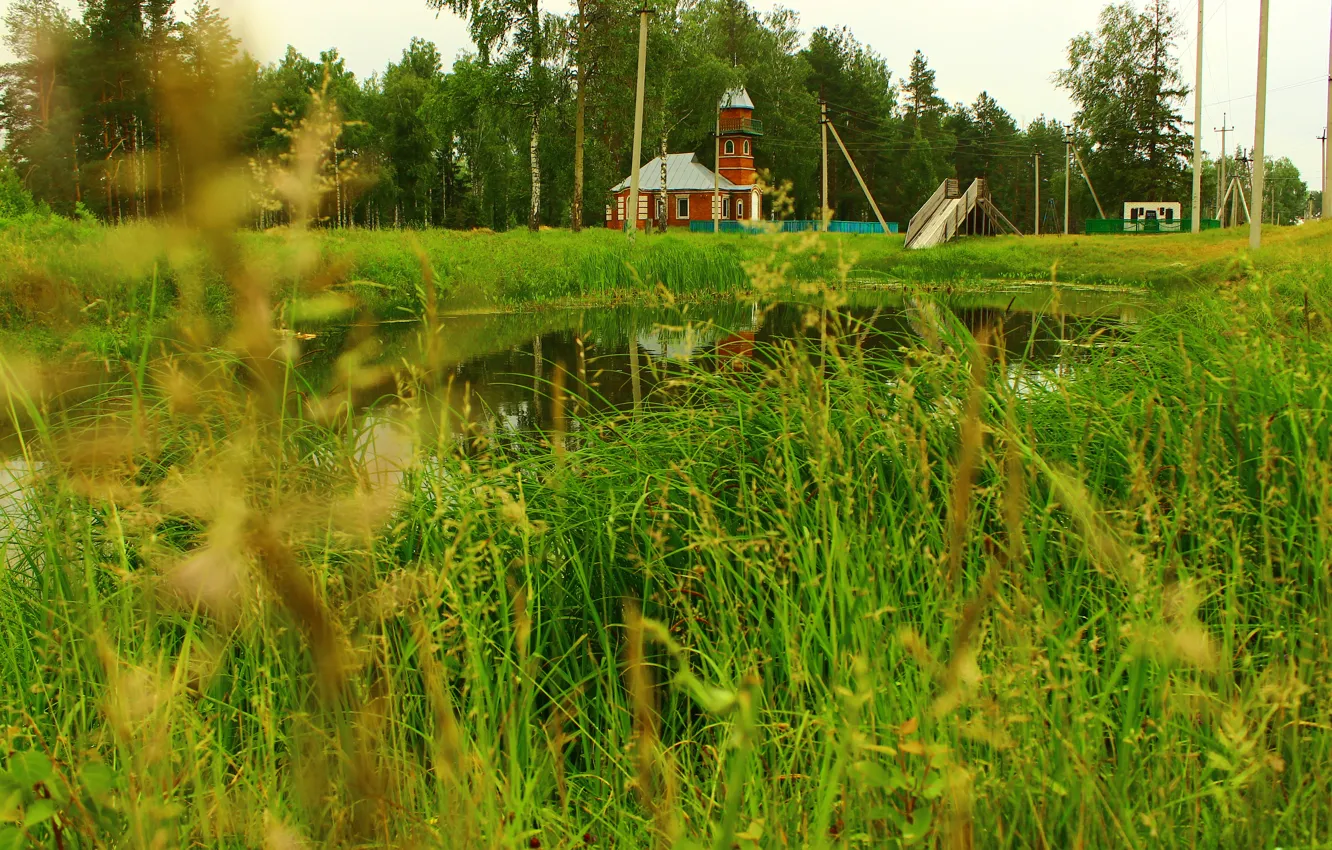 Photo wallpaper grass, river, building, nature.