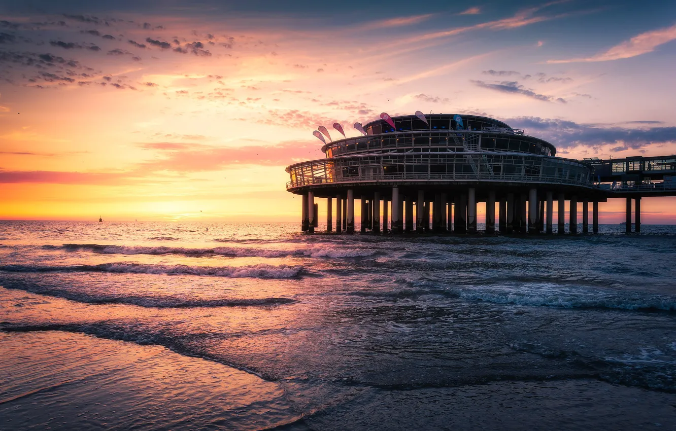 Photo wallpaper sea, shore, pierce, glow, Netherlands, Scheveningen Pier