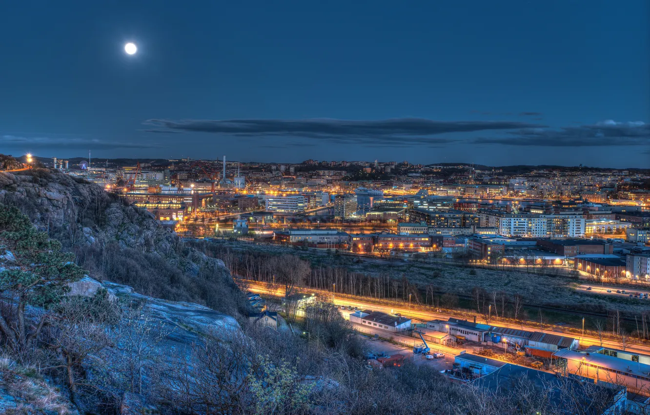 Photo wallpaper the sky, night, lights, the moon, home, Sweden, Gothenburg
