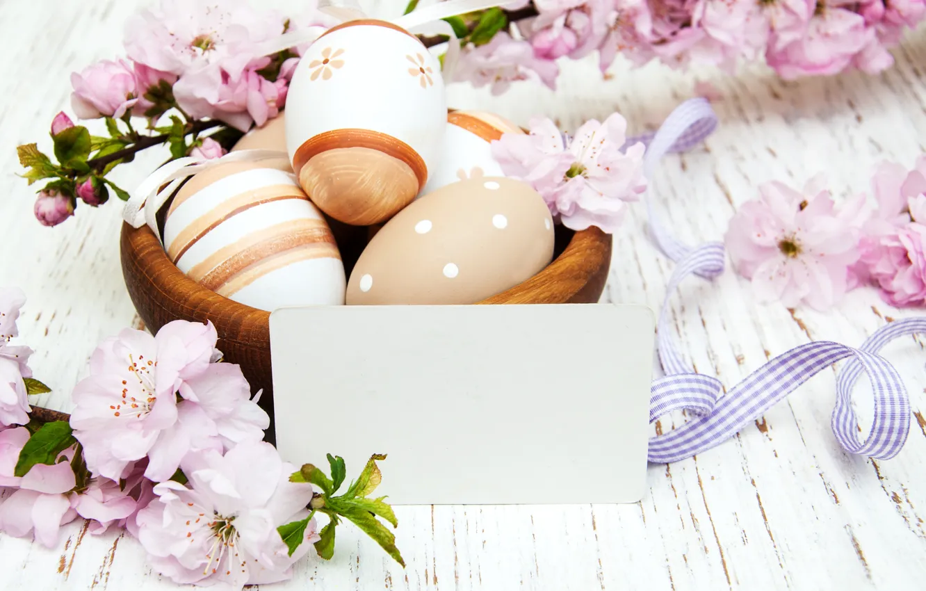 Photo wallpaper flowers, eggs, spring, colorful, Easter, wood, pink, blossom