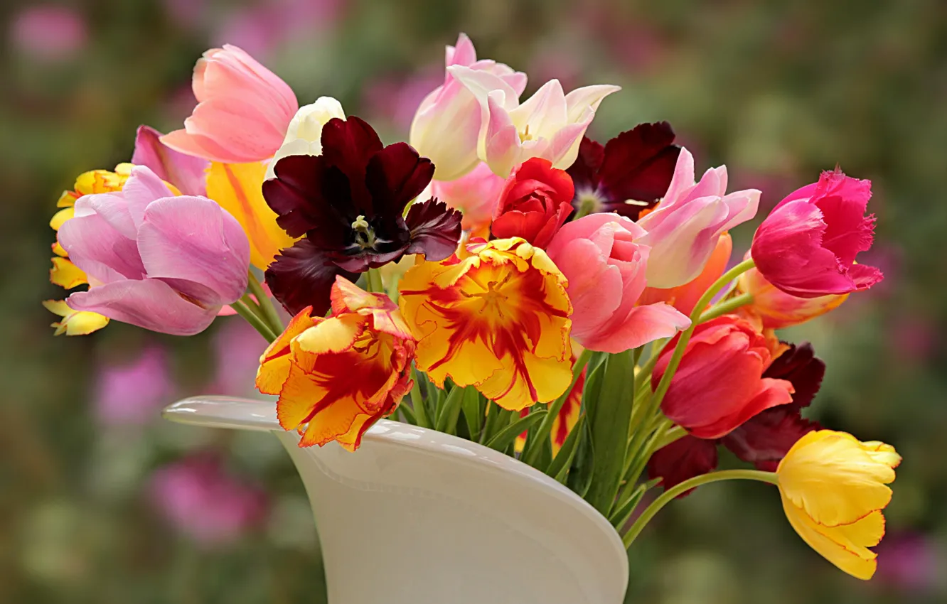 Photo wallpaper flowers, yellow, bouquet, tulips, vase, pink, different, Burgundy
