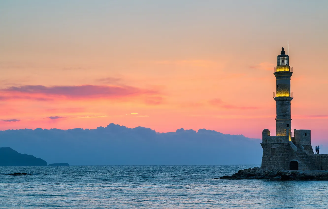 Photo wallpaper sea, landscape, sunset, Crete, Chania Lighthouse