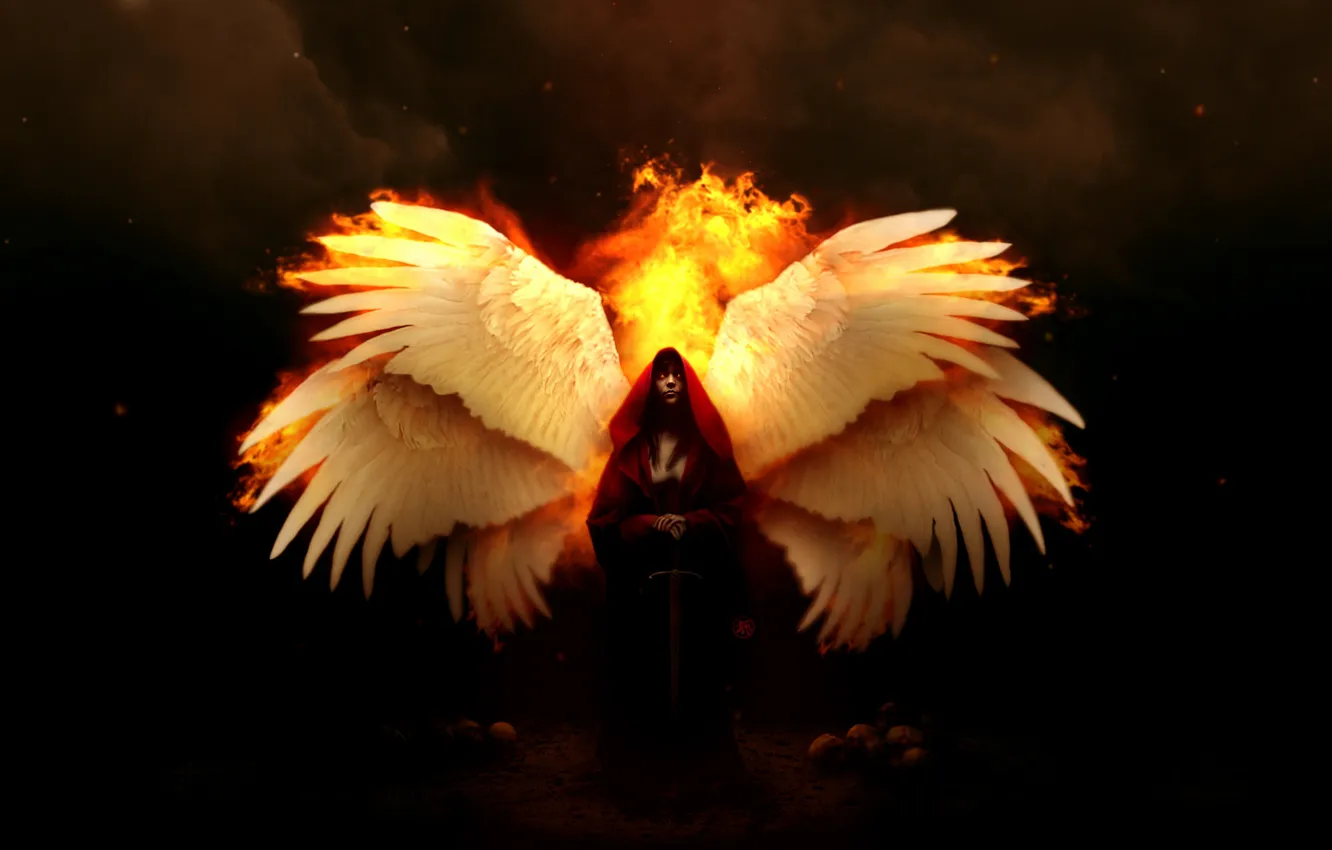 Photo wallpaper darkness, flame, Girl, wings, photo manipulation, Seraphim