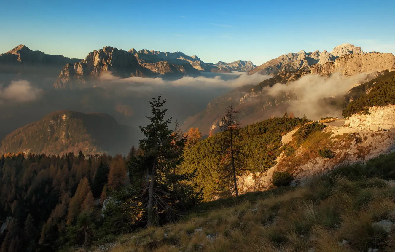 Photo wallpaper landscape, mountains, morning