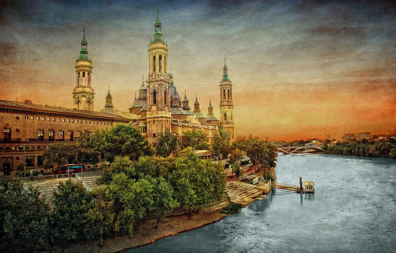 Photo wallpaper the sky, bridge, Spain, canvas, Zaragoza, Basílica de Nuestra Señora del Pilar, the river Ebro
