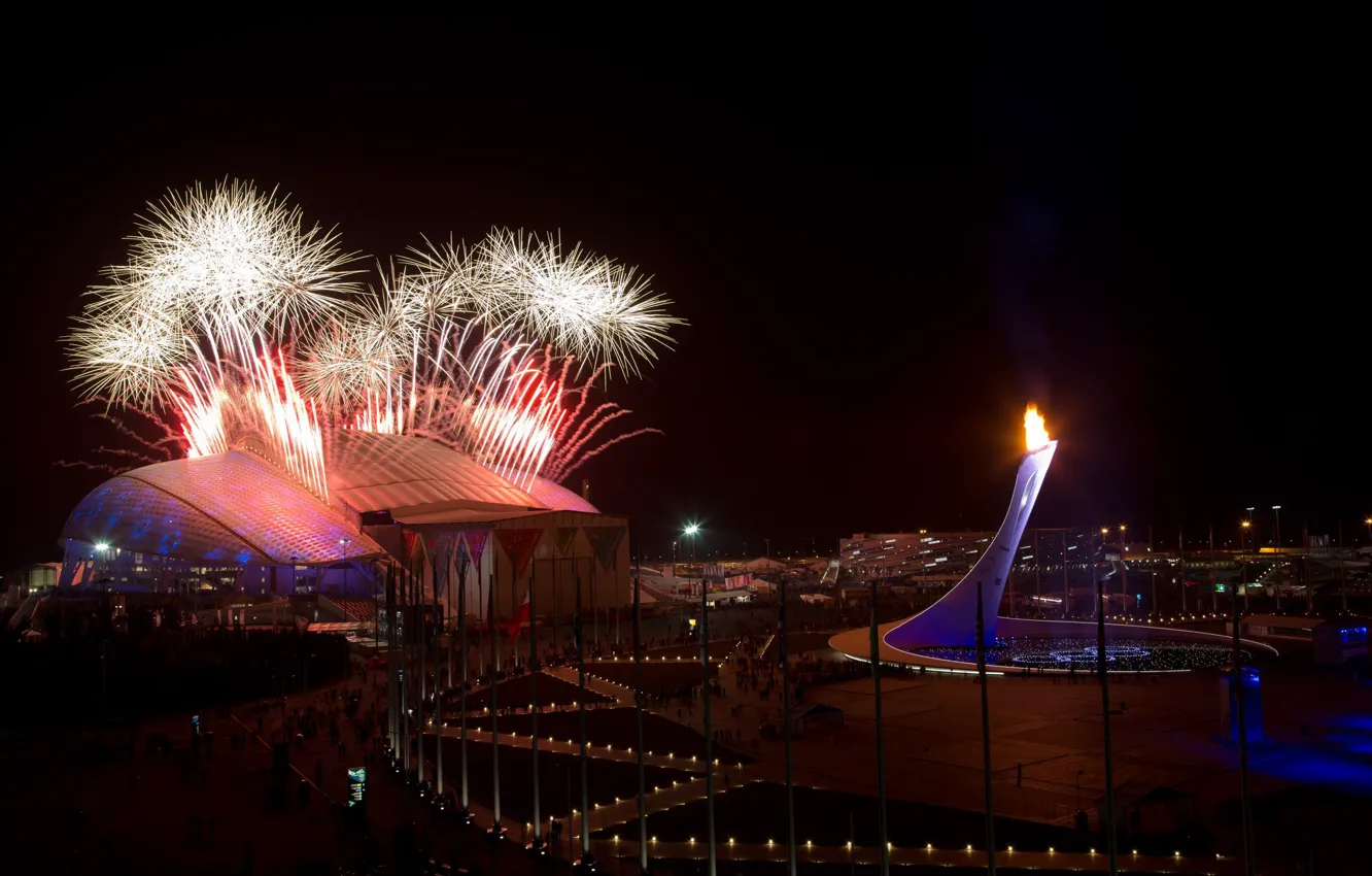 Photo wallpaper salute, the evening, bowl, torch, fireworks, Russia, Sochi 2014, the Olympic flame