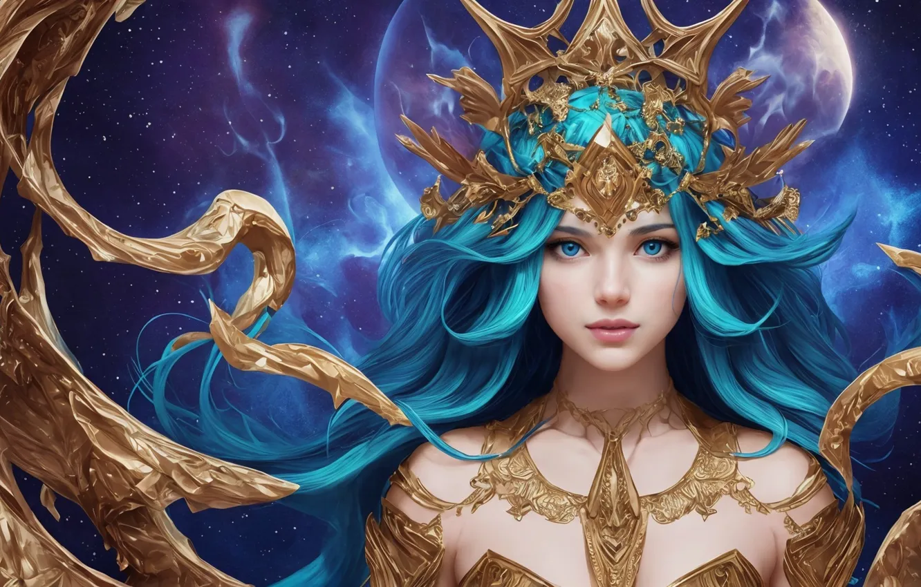 Photo wallpaper girl, crown, blue eyes, blue hair
