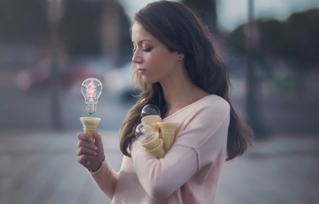 Photo wallpaper girl, fantasy, art, light bulb, the power of thought