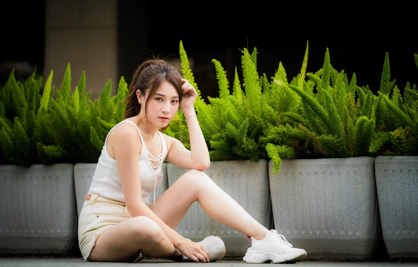 Photo wallpaper look, girl, pose, Asian, sitting, cutie