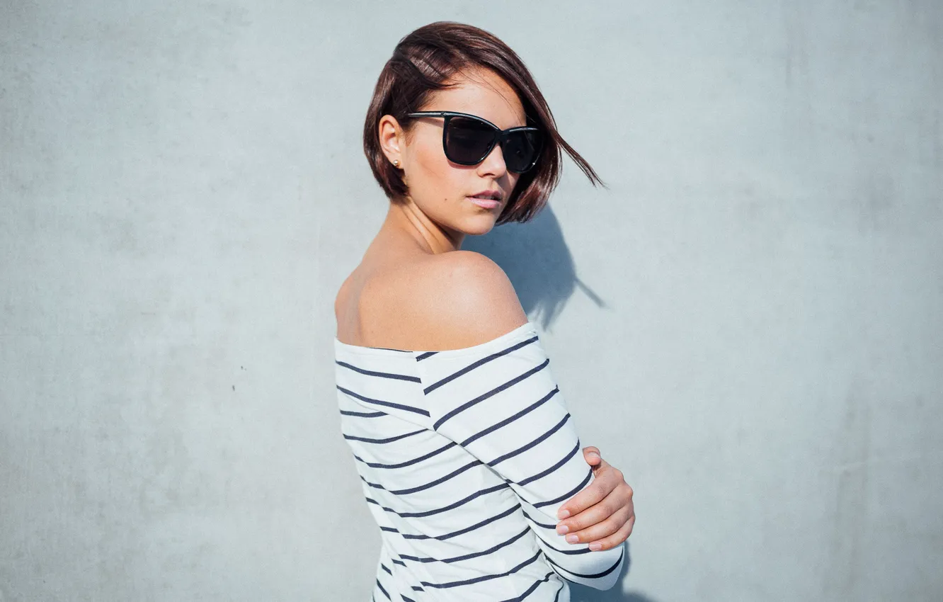 Photo wallpaper girl, pose, haircut, glasses, striped shirt
