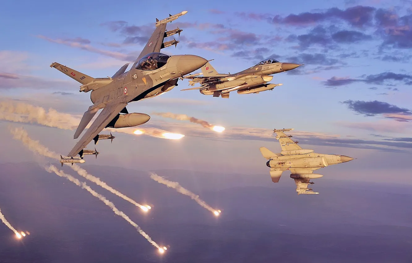 Photo wallpaper sky, F-16, clouds, turkish air forces