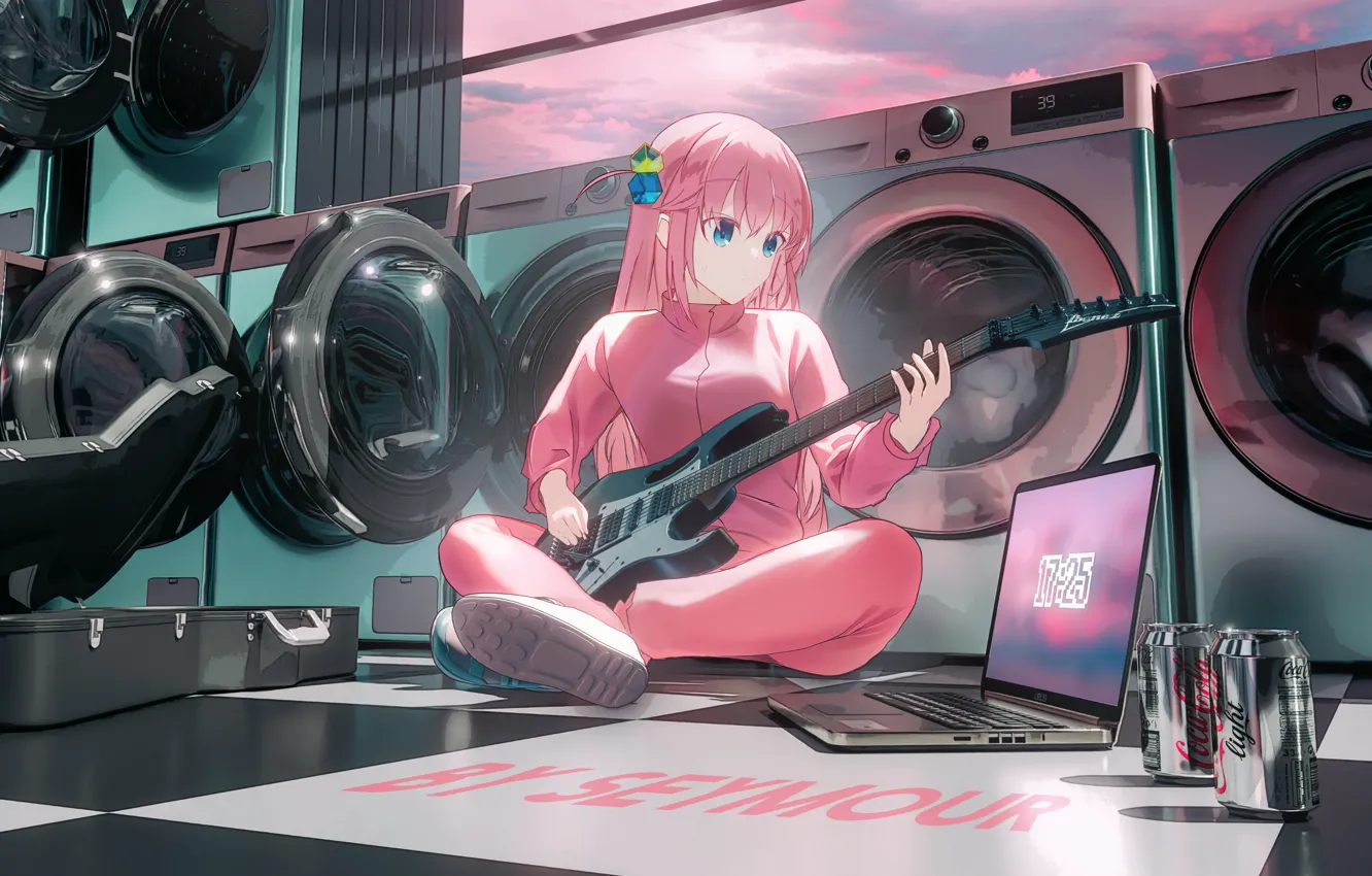 Photo wallpaper music, guitar, anime, Bank, laptop, cute girl, sitting on the floor, SEYMOUR